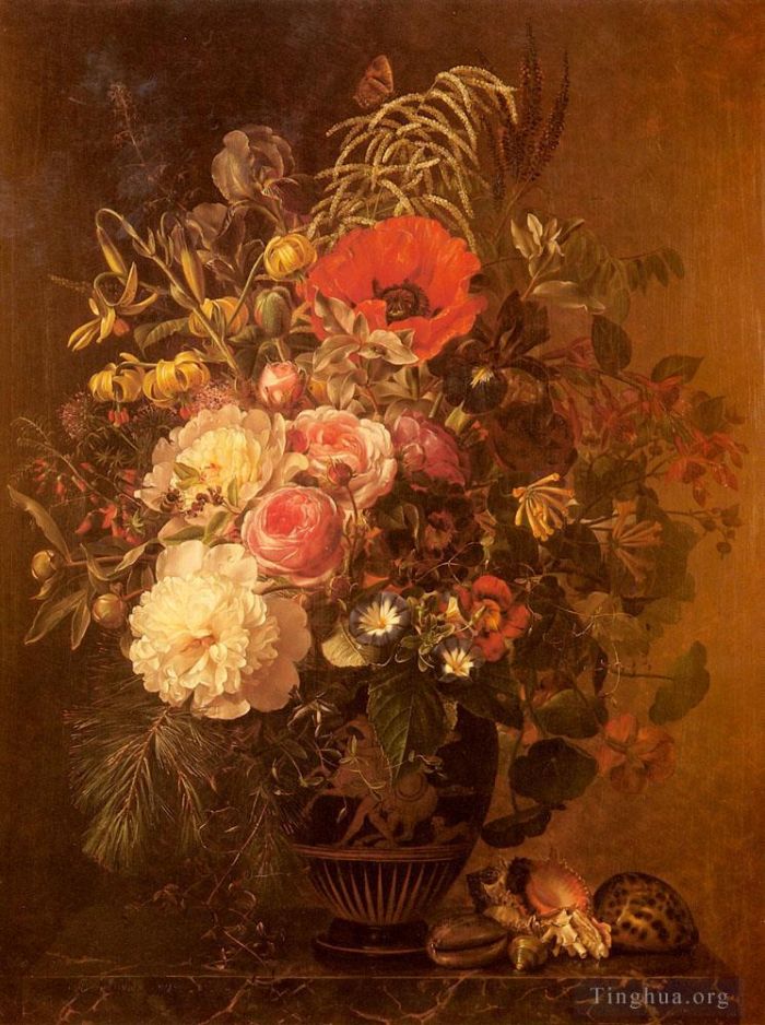 Johan Laurentz Jensen Oil Painting - A Still Life With FlowersIn A Greek Vase