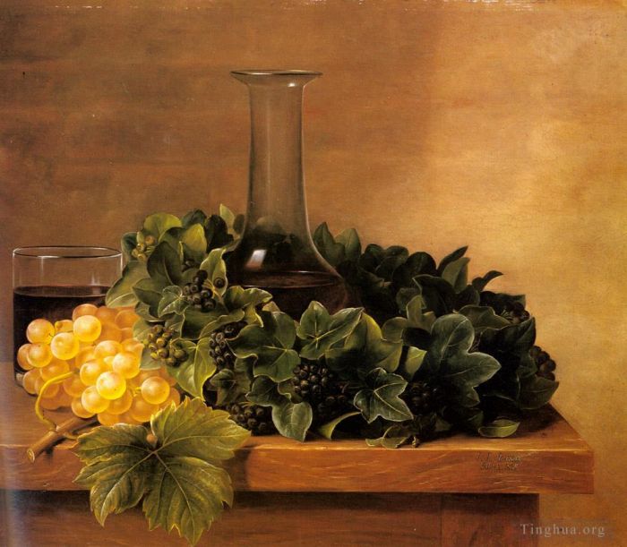Johan Laurentz Jensen Oil Painting - A Still Life With Grapes And Wines On A Table