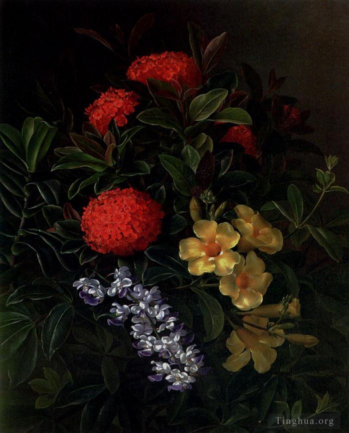 Johan Laurentz Jensen Oil Painting - Allemanda Ixora And Orchids