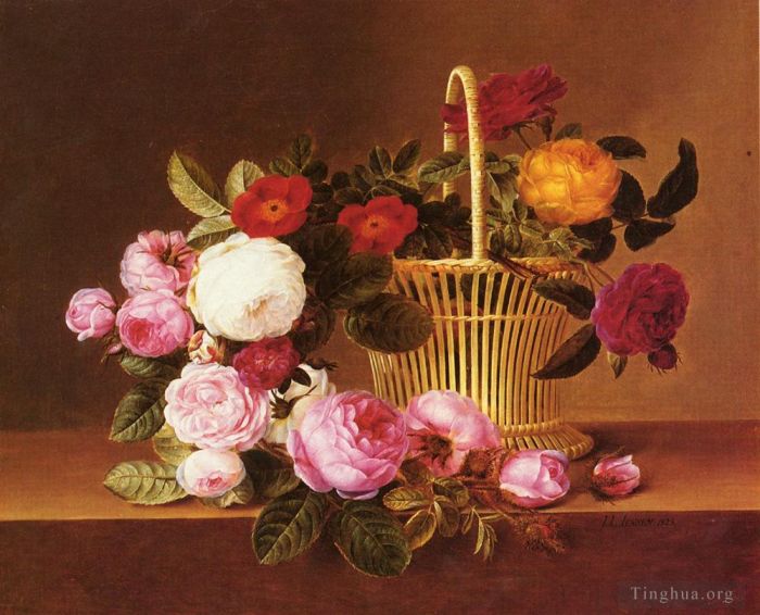 Johan Laurentz Jensen Oil Painting - Danish Basket Roses Ledg