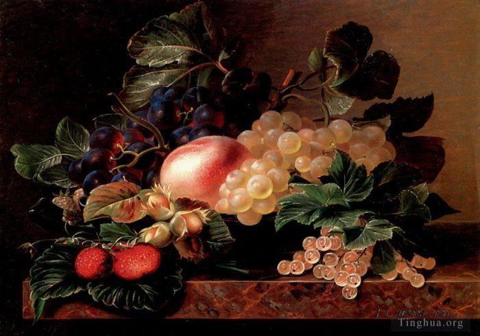 Johan Laurentz Jensen Oil Painting - Grapes Strawberries A Peach Hazelnuts And Berries