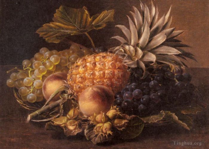 Johan Laurentz Jensen Oil Painting - Grapes a Pineapple Peaches and Hazelnuts In A Basket
