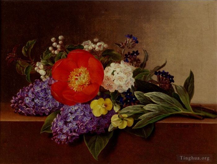 Johan Laurentz Jensen Oil Painting - Lilacs Violets Pansies Hawthorn Cuttings And Peonies On A Marble Ledge