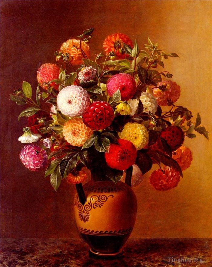 Johan Laurentz Jensen Oil Painting - Still Life Of Dahlias In A Vase