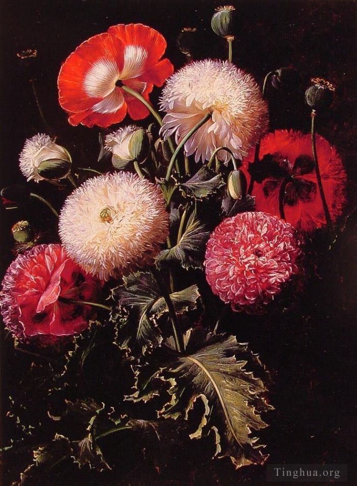 Johan Laurentz Jensen Oil Painting - Still Life with Pink Red and White Poppies