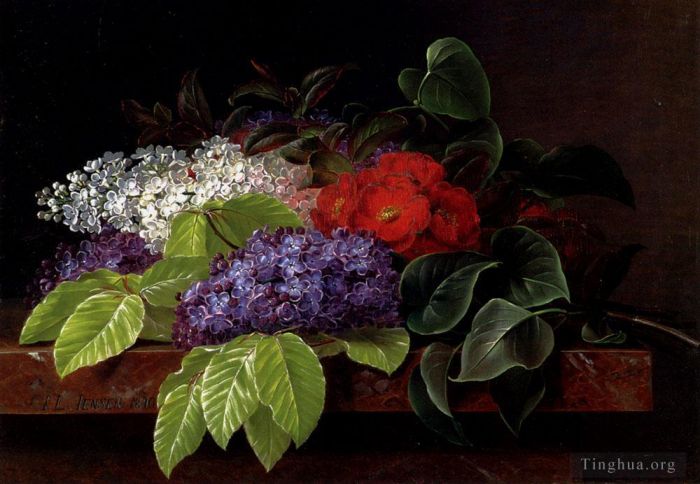 Johan Laurentz Jensen Oil Painting - White And Purple Lilacs Camellia And Beech Leaves On A Marble Ledge