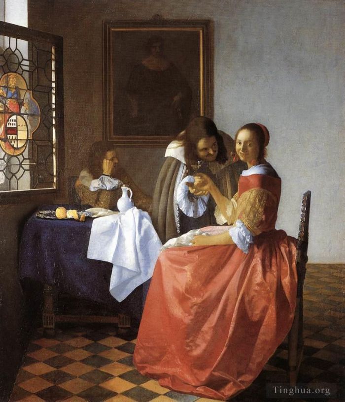 Johan Vermeer Oil Painting - The Girl with the Wine Glass (A Lady and Two Gentlemen)