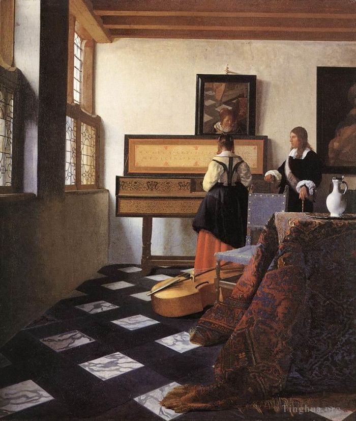 Johan Vermeer Oil Painting - A Lady at the Virginals with a Gentleman