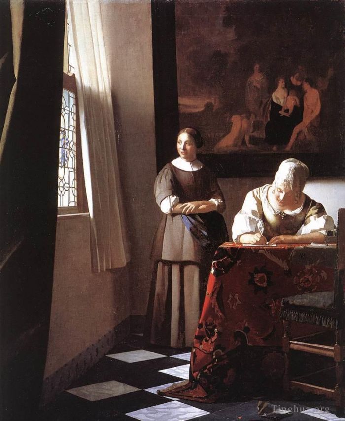 Johan Vermeer Oil Painting - Lady Writing a Letter with Her Maid