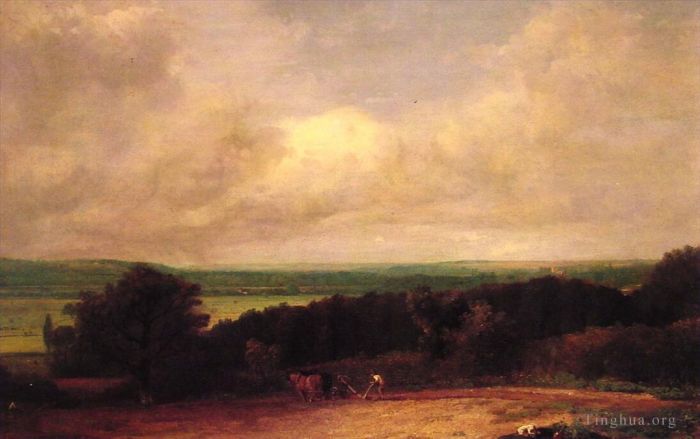 John Constable Oil Painting - Landscape ploughing scene in Suffolk