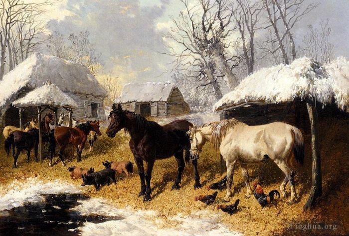 John Frederick Herring Jr Oil Painting - A Farmyard Scene In Winter