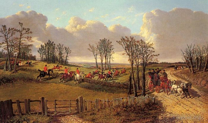 John Frederick Herring Jr Oil Painting - A Hunting Scene With A Coach And Four On The Open Road