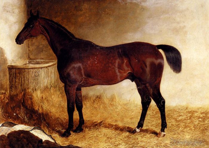 John Frederick Herring Jr Oil Painting - Flexible A Chestnut Racehorse In A Loose Box