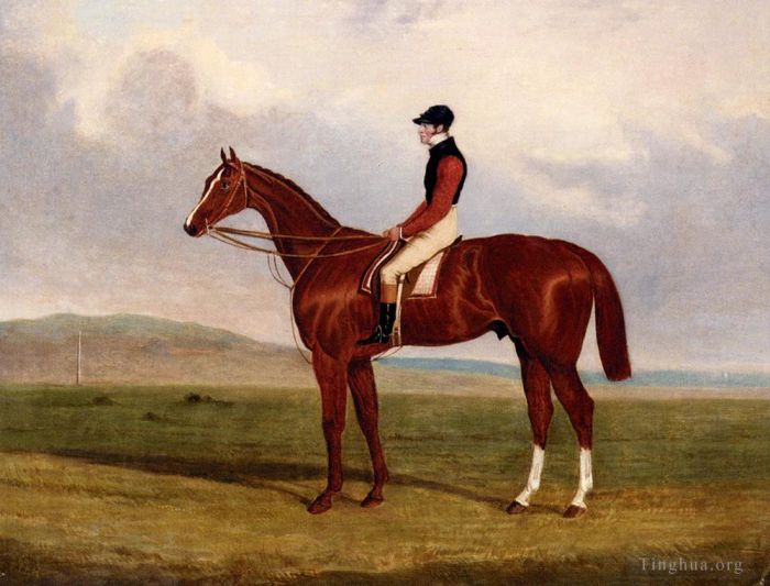 John Frederick Herring Jr Oil Painting - Flexible Elis A Chestnut Racehorse With John Day Up