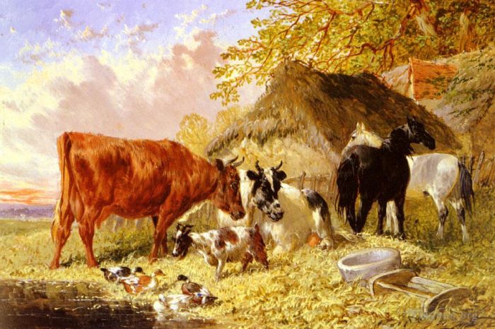 John Frederick Herring Jr Oil Painting - Horses Cows Ducks and a Goat By A Farmhouse
