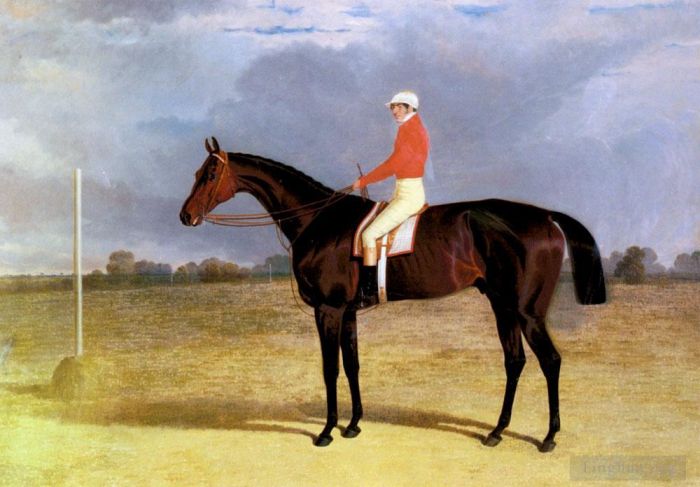 John Frederick Herring Sr Oil Painting - A Dark Bay Racehorse With Patrick Connolly Up