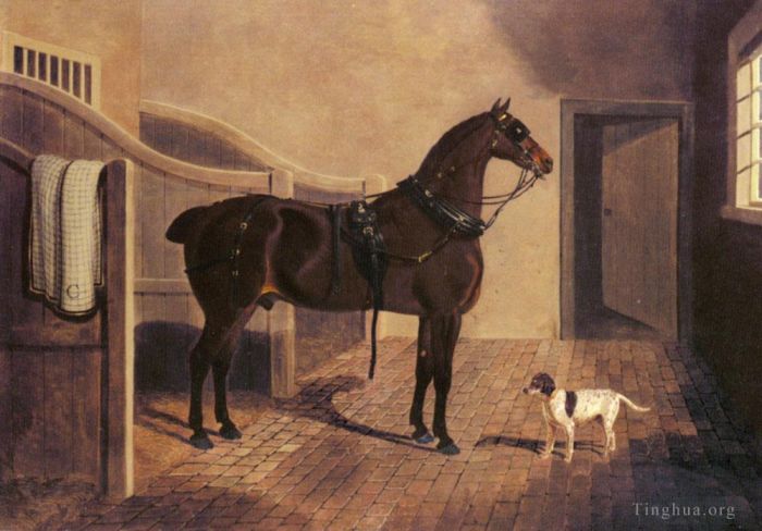 John Frederick Herring Sr Oil Painting - A Favorite Coach Horse And Dog In A Stable