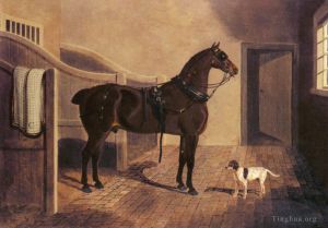 Artist John Frederick Herring Sr's Work - A Favorite Coach Horse And Dog In A Stable