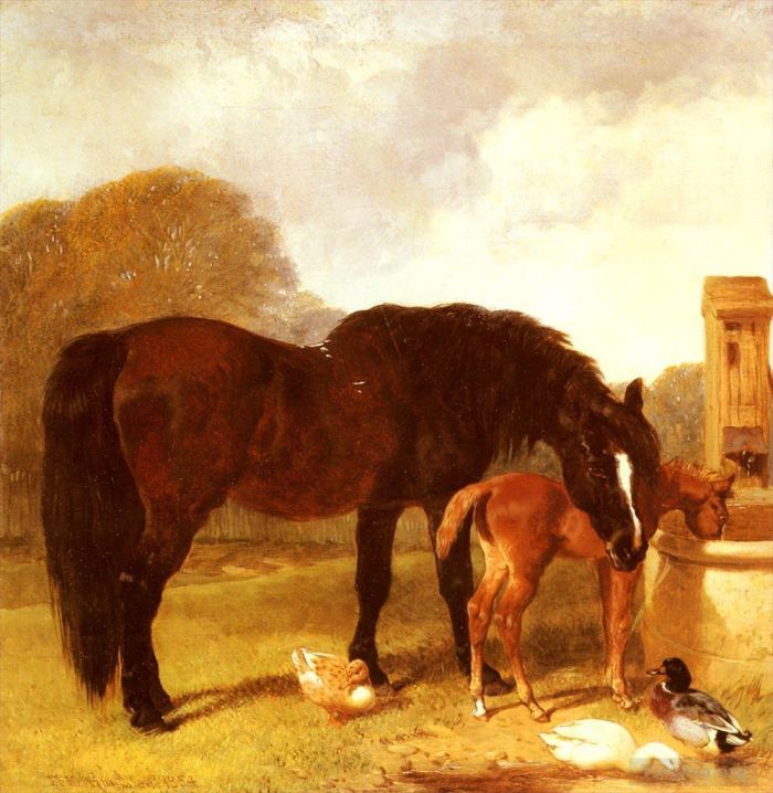 John Frederick Herring Sr Oil Painting - Horse And foal Watering At A Trough