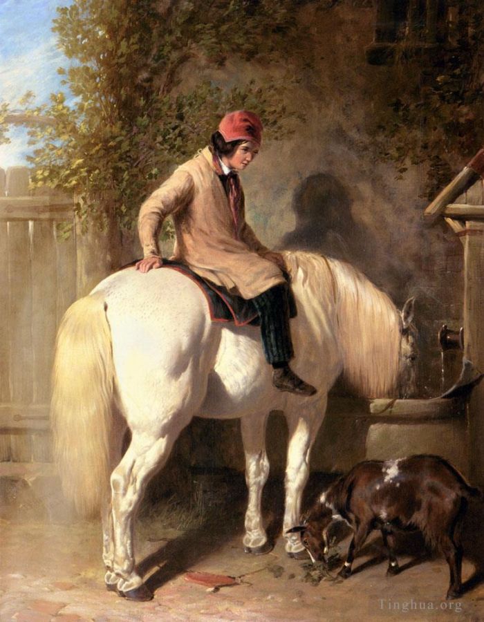 John Frederick Herring Sr Oil Painting - Refreshment A Boy Watering His Grey Pony