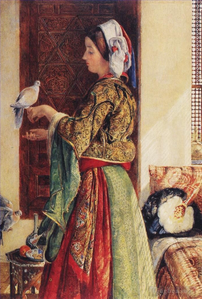 John Frederick Lewis Oil Painting - Girl with Two Caged Doves