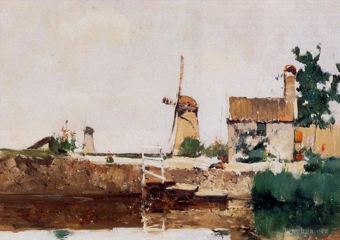 John Henry Twachtman Oil Painting - Windmills Dordrecht