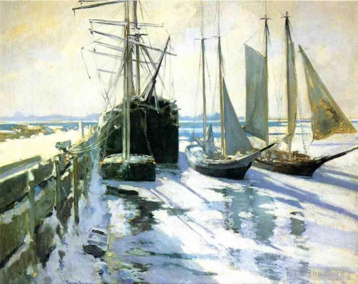 John Henry Twachtman Oil Painting - Winter Gloucester Harbor