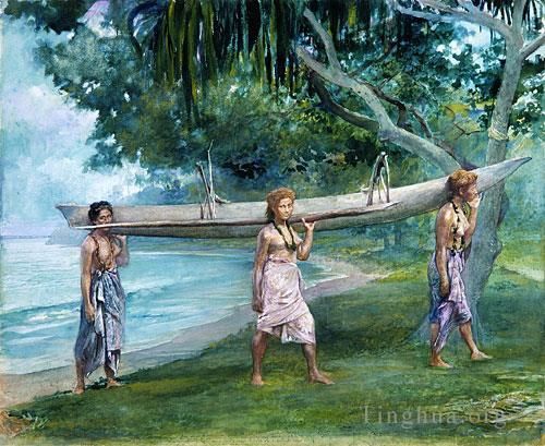 John LaFarge Oil Painting - Girls Carrying A Canoe Vaiala In Samoa