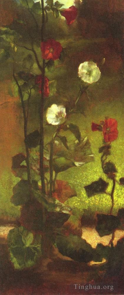 John LaFarge Oil Painting - Hollyhocks flower