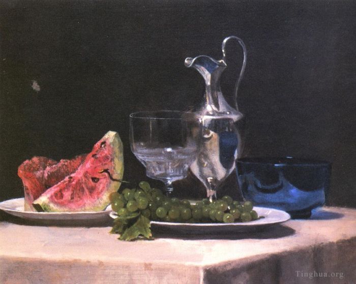John LaFarge Oil Painting - Still life study of silver glass and fruit