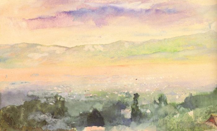 John LaFarge Various Paintings - Sunrise in Fog over Kyoto