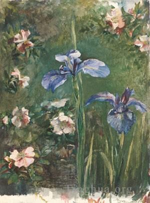 John LaFarge Various Paintings - Wild Roses And Irises flower