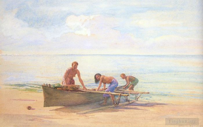 John LaFarge Various Paintings - Women Drawing up a Canoe