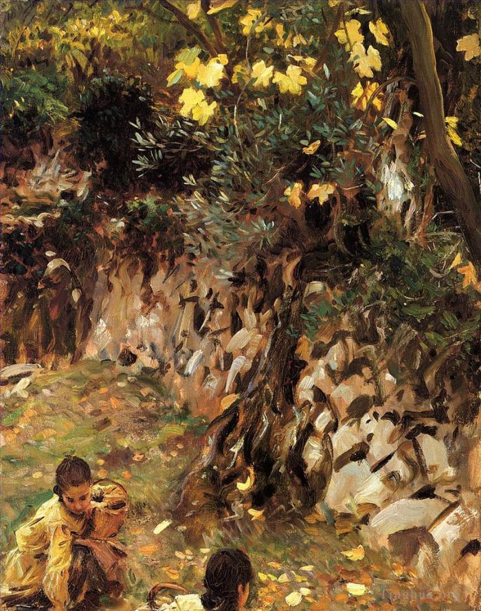 John Singer Sargent Oil Painting - Girls Gathering Blossoms Valdemosa Majorca