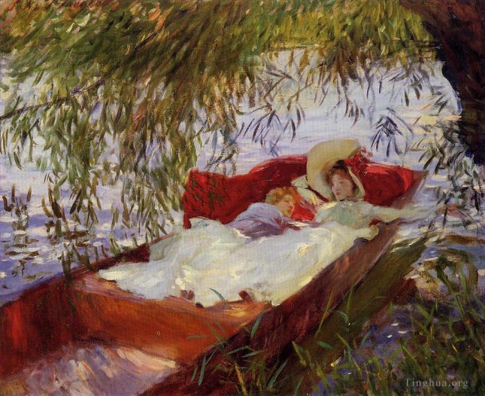 John Singer Sargent Oil Painting - Two Women Asleep in a Punt under the Willows