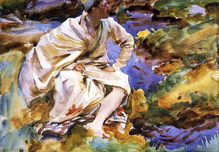 John Singer Sargent Various Paintings - A Man Seated by a Stream Val dAosta Purtud
