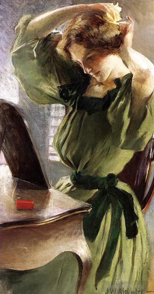 John White Alexander Oil Painting - Young Woman Arranging Her Hair