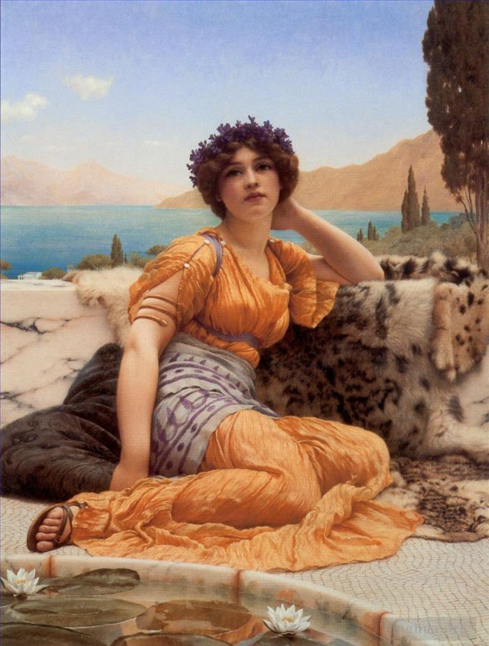 John William Godward Oil Painting - With Violets Wreathed and Robe of Saffron Hue