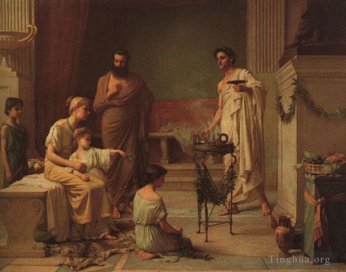 John William Waterhouse Oil Painting - A Sick Child Brought into the Temple of Aesculapius