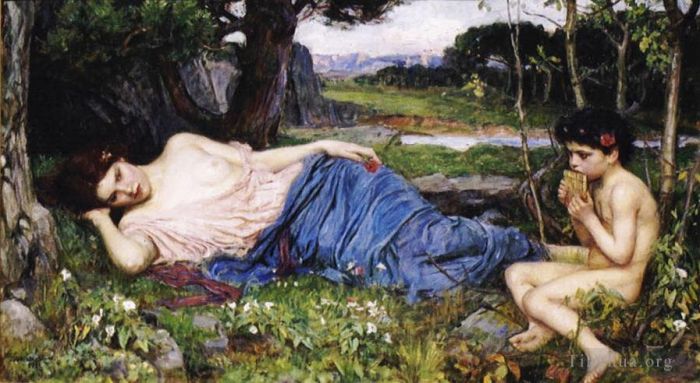 John William Waterhouse Oil Painting - Listening to His Sweet Pipings