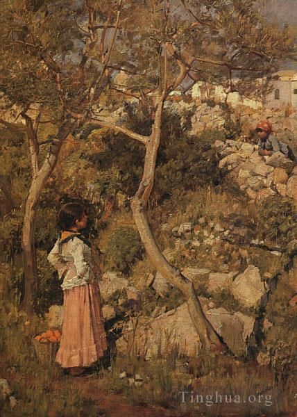 John William Waterhouse Oil Painting - Two Little Italian Girls by a Village