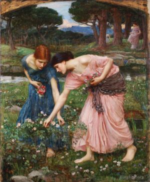 Antique Oil Painting - Gather ye rosebuds while ye may 1909