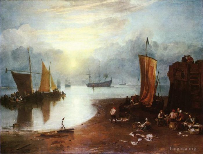 Joseph Mallord William Turner Oil Painting - Sun Rising through Vagour Fishermen Cleaning and Sellilng Fish