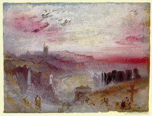 Artist Joseph Mallord William Turner's Work - View over Town at Suset a Cemetery in the Foreground