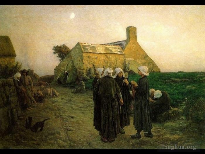Jules Adolphe Aime Louis Breton Oil Painting - Evening in the Hamlet of Finistere