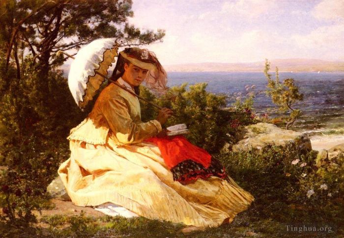 Jules Adolphe Aime Louis Breton Oil Painting - La Femme A Lmbrelle