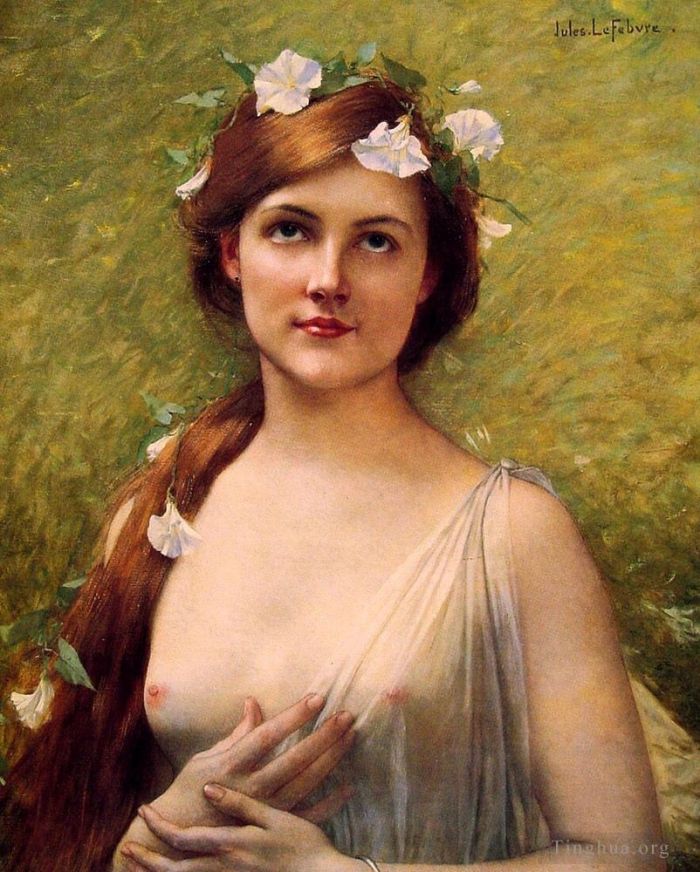 Jules Joseph Lefebvre Oil Painting - Young woman with morning glories in her hair nude