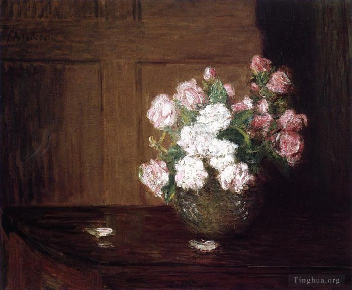 Julian Alden Weir Oil Painting - Roses in a Silver Bowl on a Mahogany Table flower still life