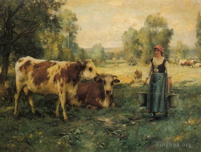 Julien Dupre Oil Painting - A Milk Maid with Cows and Sheep