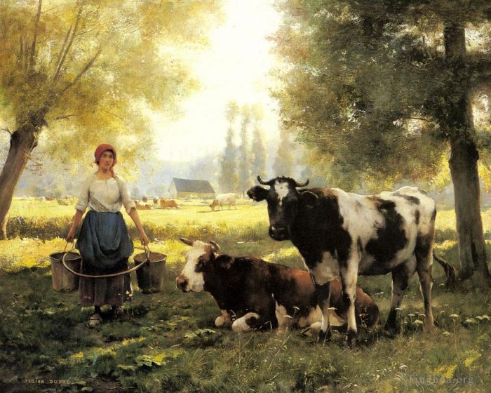 Julien Dupre Oil Painting - A Milkmaid With Her Cows On A Summer Day